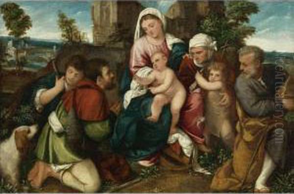 Holy Family With Saint Elizabeth, The Infant St. John, And Twoshepherds Oil Painting by Bonifacio Veronese (Pitati)