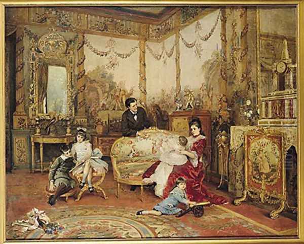 Victorien Sardou and his Family in their Drawing Room at Marly-le-Roi, c.1875 Oil Painting by Auguste de la Brely