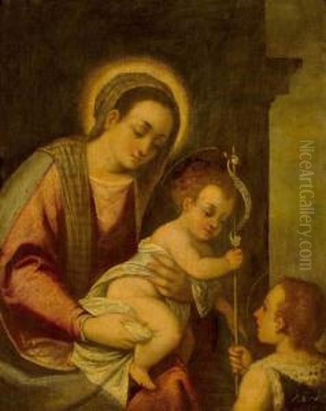 Mary, Jesus And John The Baptist. Oil Painting by Bonifacio Veronese (Pitati)