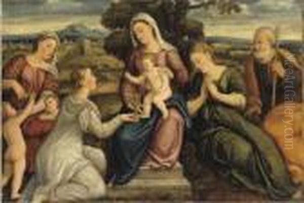 Sacra Famiglia Con Fede, Speranza E Carita Oil Painting by Bonifacio Veronese (Pitati)