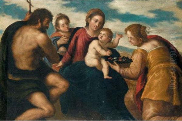 Madonna And Child With Saint 
John The Baptist Saint Agatha And Saint 
Catherine Oil Painting by Bonifacio Veronese (Pitati)