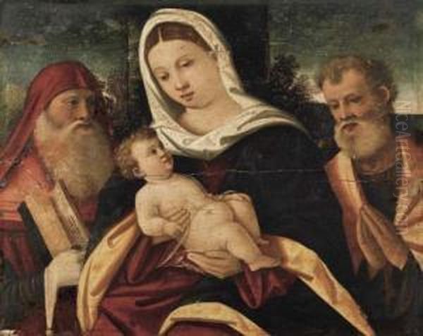 Mary With Infant. Saint Hieronymus And Joseph. Oil Painting by Bonifacio Veronese (Pitati)