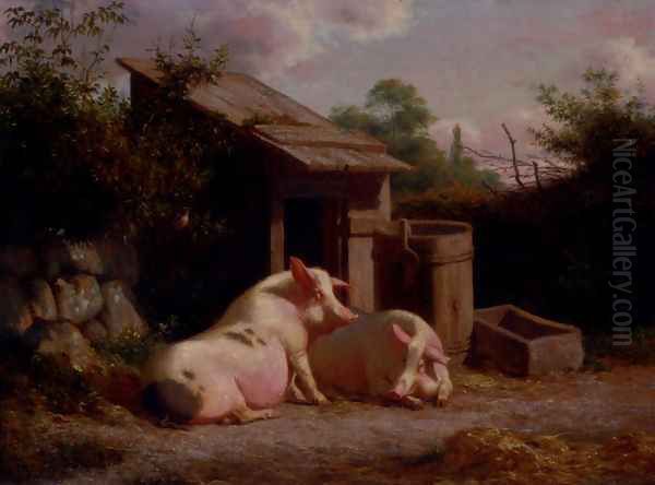 Pigs In A Farmyard Oil Painting by Carl Henrik Bogh