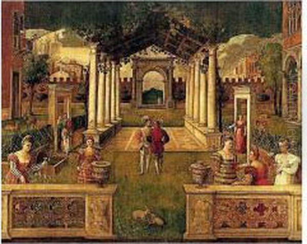 An Architectural Capriccio With 
Elegant Figures And Animals Promenading In An Ornamental Garden Oil Painting by Bonifacio Veronese (Pitati)