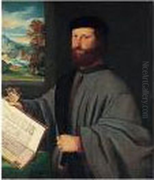 A Portrait Of A Gentleman, 
Half-length Standing, Holding A Book And Gloves In His Right Hand, A 
View Of A Landscape With A Couple Embracing Under A Tree Visible Through
 A Window Beyond Oil Painting by Bonifacio Veronese (Pitati)