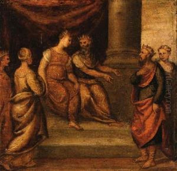 Mythological Scenes: A King 
Being Presented To A Queen; And An Oldwoman Holding A Spindle With A 
Young Woman Beside A Cave Oil Painting by Bonifacio Veronese (Pitati)