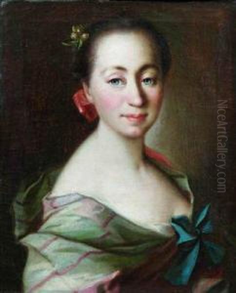 Portrait De Jeune Femme A La Robe Ornee D'un Noeud Bleu Oil Painting by Giuseppe Bonito