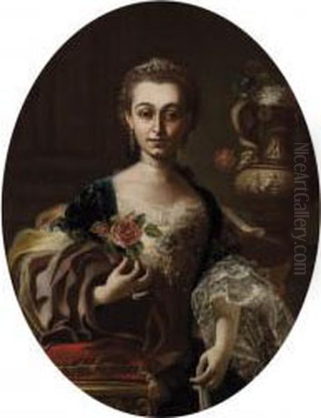 Ritratto Di Una Dama Con Fiore Eventaglio, Con Un Prezioso Vaso Decorato Sullo Sfondo Oil Painting by Giuseppe Bonito