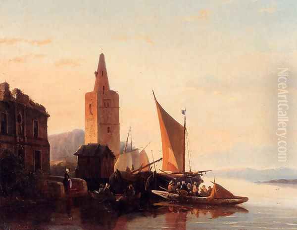 Moored Shipping By A Lighthouse Oil Painting by Francois-Jean-Louis Boulanger