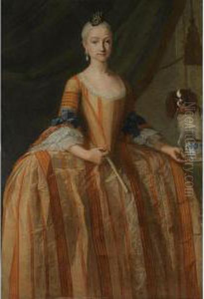 Portrait Of The Infanta Maria 
Josefa De Borbon, Full Length, With A Cup Of Chocolate And A Dog Oil Painting by Giuseppe Bonito