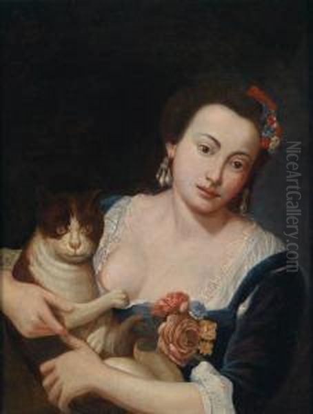 Giovane Dama Che Gioca Con Il Suo Gatto Oil Painting by Giuseppe Bonito