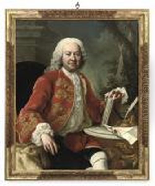 Portrait Of A Gentleman, Seated 
Three-quarter-length In Ascarlet Coat With Gold Embroidery, At A Table 
With A Letter And Aninkwell And Pen Oil Painting by Giuseppe Bonito