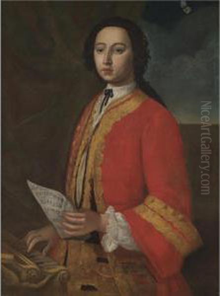 Portrait Of A Gentleman, Half 
Length, Holding A Sheet Of Music And Standing Before A Spinnet Oil Painting by Giuseppe Bonito