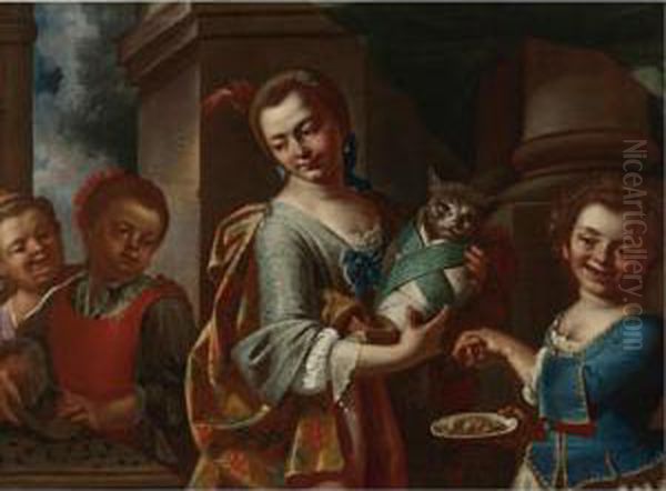 Girls Playing With A Cat Oil Painting by Giuseppe Bonito