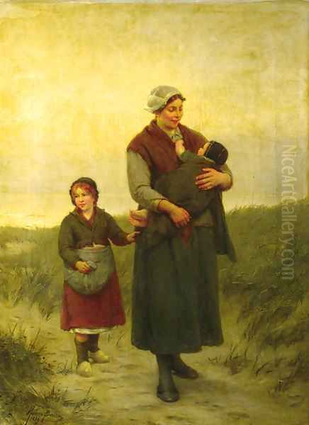 A mother and her children returning home Oil Painting by Henri Jacques Bource