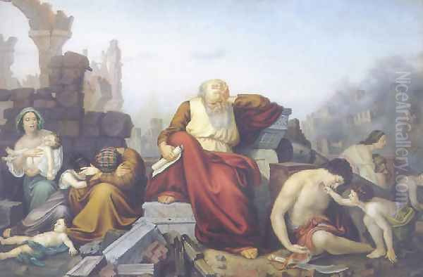 Jeremias auf den Trummern Jerusalems Oil Painting by Eduard (Julius Friedrich) Bendemann