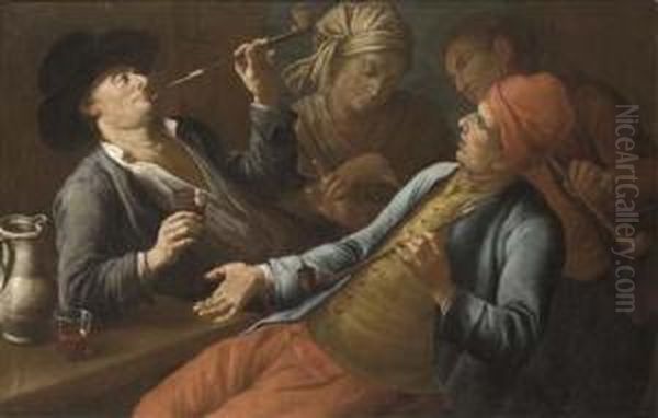 Peasants Drinking And Smoking In An Interior Oil Painting by Giuseppe Bonito