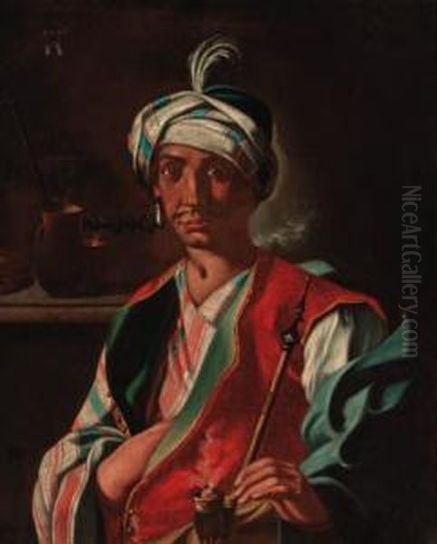 An Oriental Man, In A Plumed Turban, Smoking A Hookah Oil Painting by Giuseppe Bonito