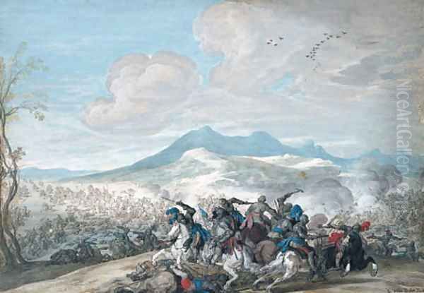 A cavalry skirmish in an extensive mountainous landscape Oil Painting by Johann Wilhelm Baur