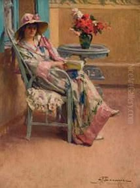 Elegante A Sa Lecture, Circa 1910 Oil Painting by Alexandre-Francois Bonnardel