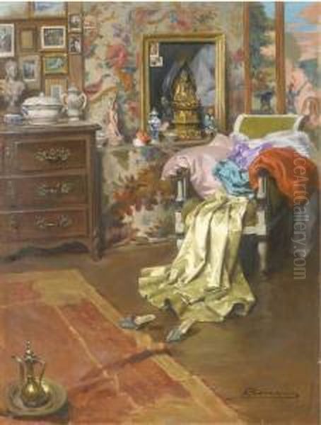 Interieur D'atelier; Femme Au Pied D'un Arbre: Reflets De Soleil Oil Painting by Alexandre-Francois Bonnardel