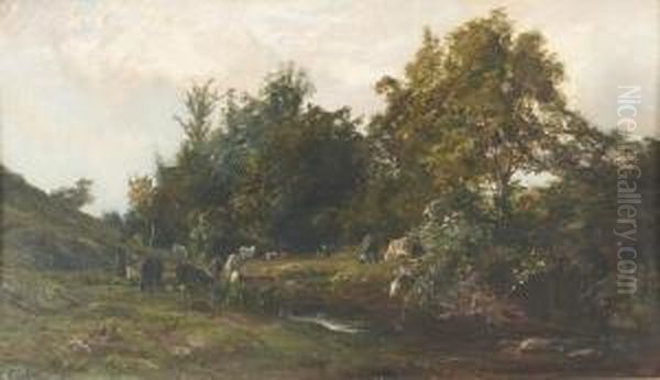 Landschaft Mit Weidenden Kuhen An Einem Weiher. Oil Painting by Henri-Arthur Bonnefoy