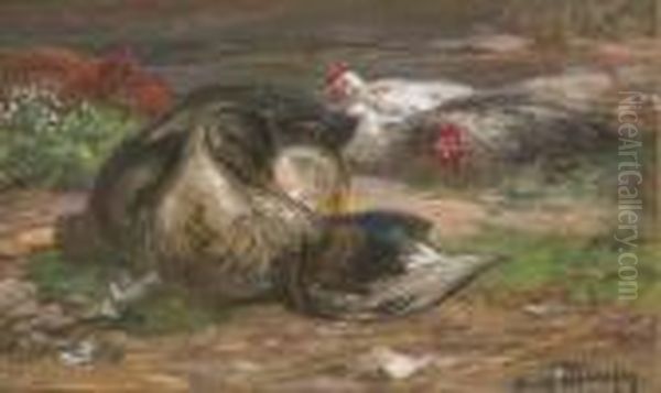 Un Canard Et Des Poules Oil Painting by Henri-Arthur Bonnefoy