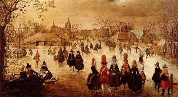 Winter Landscape With Skaters On A Frozen River Oil Painting by Adam van Breen