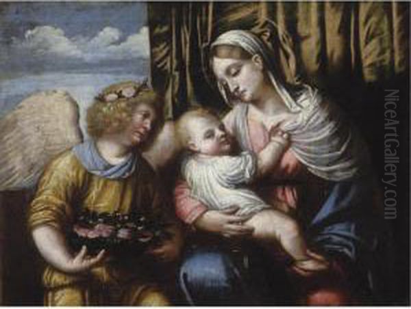 The Madonna And Child With An Angel Oil Painting by Alessandro Bonvicino (Moretto da Brescia)