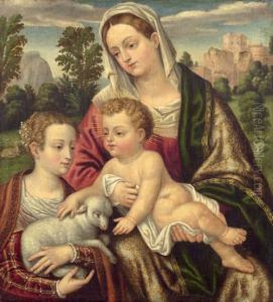 Madonna And Child With John. Oil Painting by Alessandro Bonvicino (Moretto da Brescia)