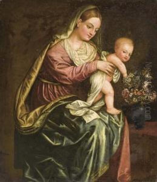 Madonna Con Bambino Con Fiori (madonna And Child With Flowers). Oil Painting by Alessandro Bonvicino (Moretto da Brescia)