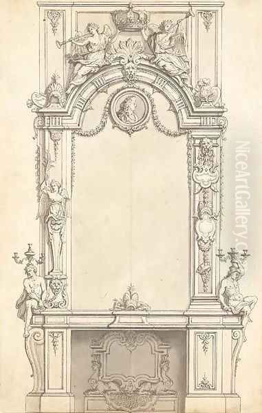 A design for a fireplace below a mirror decorated with a medallion of King Louis XIV and two Allegories of Fortune holding the Royal Crown Oil Painting by Jean I Berain