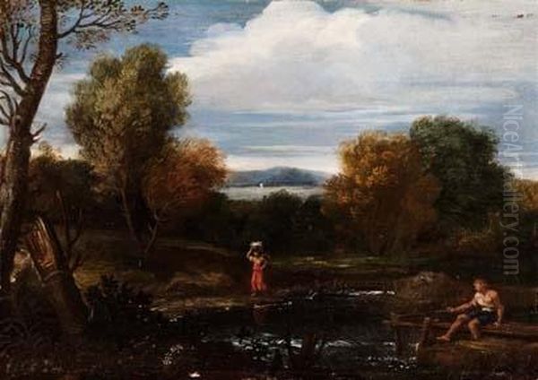 Paesaggio Con Pescatore E Lavandaia Oil Painting by Pietro Paolo Bonzi