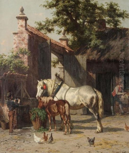 Horse And Foal Near A Stone Gateway With Stable Boy And Knife Grinder Oil Painting by Willem Jacobus Boogaard