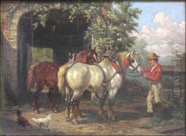 Farm Yard With Horses Oil Painting by Willem Jacobus Boogaard