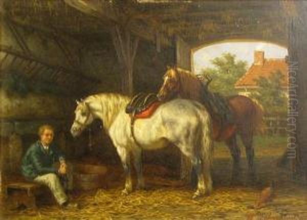 Two Horses And A Figure In A Barn Oil Painting by Willem Jacobus Boogaard