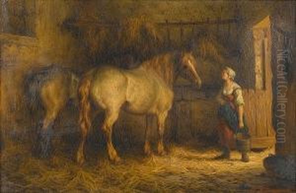 In The Stable Oil Painting by Willem Jacobus Boogaard