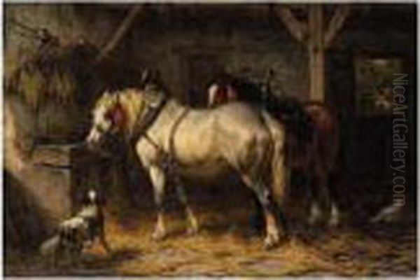 Horses In A Stable Oil Painting by Willem Jacobus Boogaard