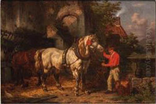 Tending The Horses Oil Painting by Willem Jacobus Boogaard