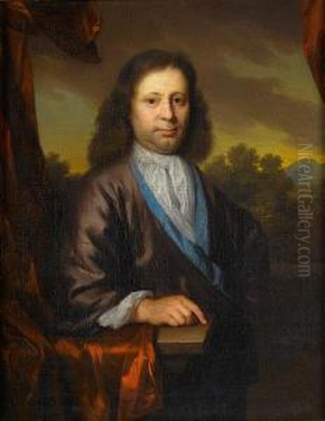 Portrait Of A Gentleman, 
Three-quarter-length,in A Violet Coat With A White Cravat, Standing 
Beside A Stone Ledgedraped With Red Silk, A View To A Landscape Beyond Oil Painting by Arnold Boonen