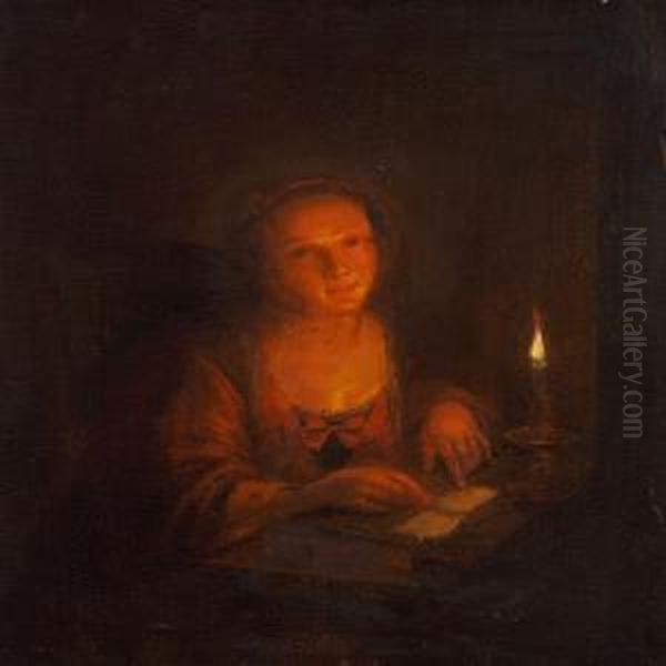 A Girl Reading By Candlelight In An Interior Oil Painting by Arnold Boonen