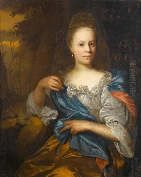 Portrait Of A Lady In A Yellow 
Dress With Awhite Chemise And A Blue Wrap, Seated Before A Landscape Oil Painting by Arnold Boonen