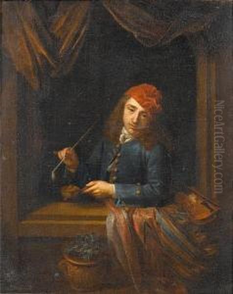 A Young Man In A Blue Coat With A Violinleaning On A Window Ledge Holding A Pipe Oil Painting by Arnold Boonen