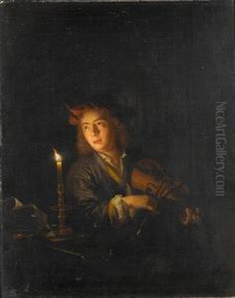 A Youth Playing A Violin By Candlelight Oil Painting by Arnold Boonen