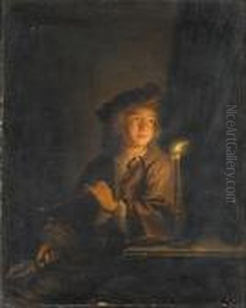 A Youth Smoking A Pipe By Candlelight Oil Painting by Arnold Boonen