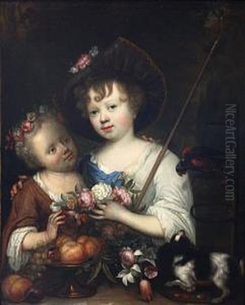 Portrait De Deux Jeunes Enfants,
 L'un Avecla Houlette Du Berger, L'autre En Flore, Pres De Leur Petit 
Chienet D'un Perroquet Oil Painting by Arnold Boonen