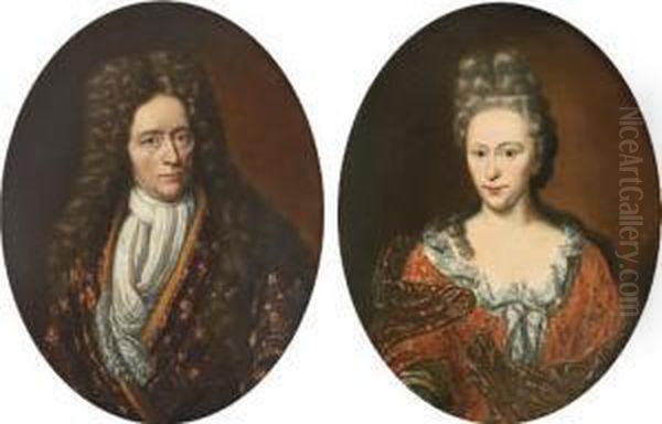 Portrait Of A Gentleman, 
Half-length, In An Embroidered Coat And A White Jabot; And Portrait Of A
 Lady, Half-length, In An Embroidered Red Dress And A Red Wrap Oil Painting by Arnold Boonen