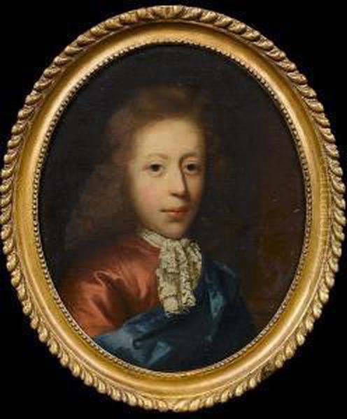 Portrait Of A Young Man, 
Bust-length, In Red Costume With A Blue Silk Wrap And A White Lace Jabot Oil Painting by Arnold Boonen