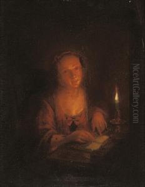 A Girl Reading By Candlelight In An Interior Oil Painting by Arnold Boonen