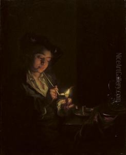 A Candlelit Interior With A Young Man Seated At A Table Oil Painting by Arnold Boonen